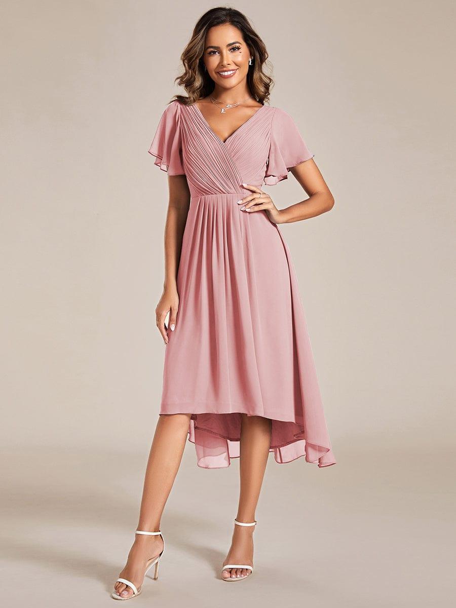 Chiffon hoch und tiefes Kleid für Hochzeitsgäste mit V-Ausschnitt und kurzen Ärmeln 124