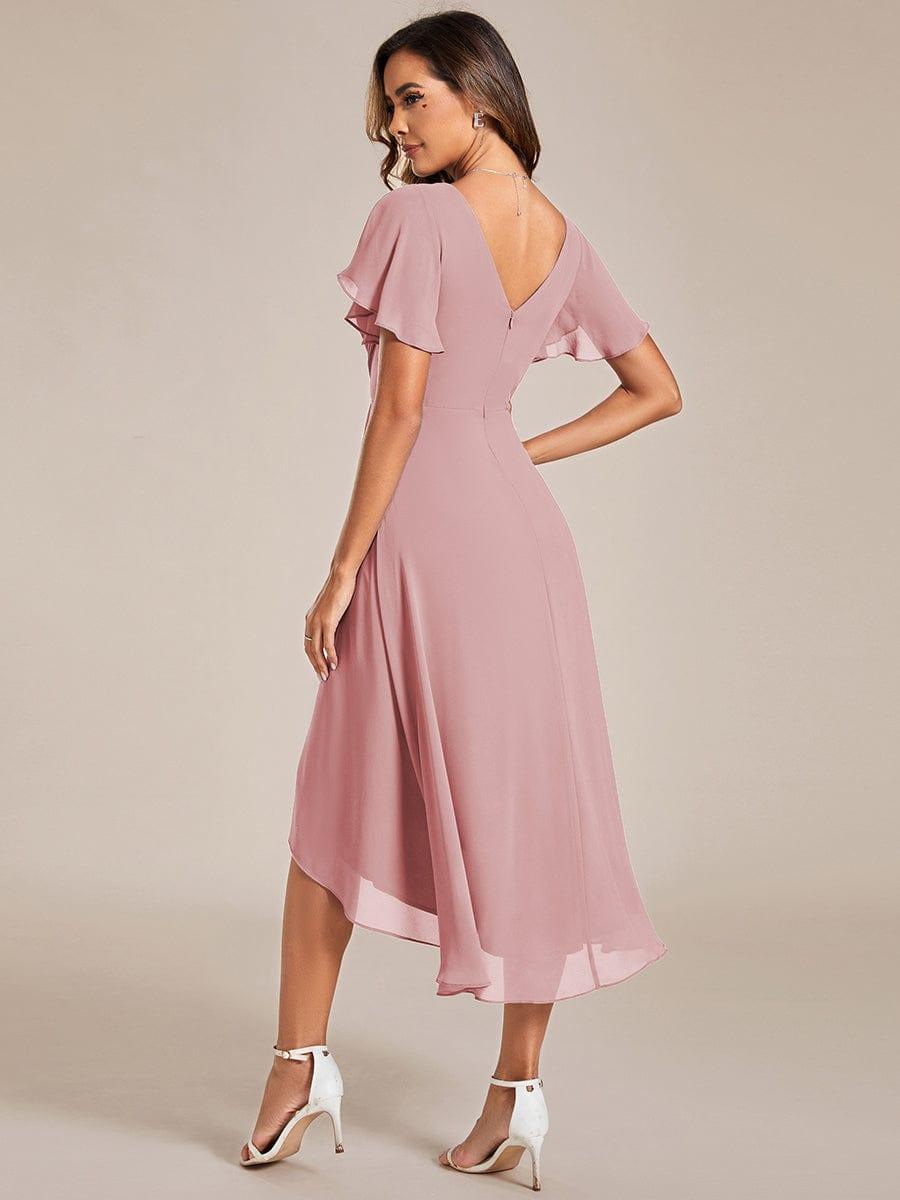 Chiffon hoch und tiefes Kleid für Hochzeitsgäste mit V-Ausschnitt und kurzen Ärmeln 125