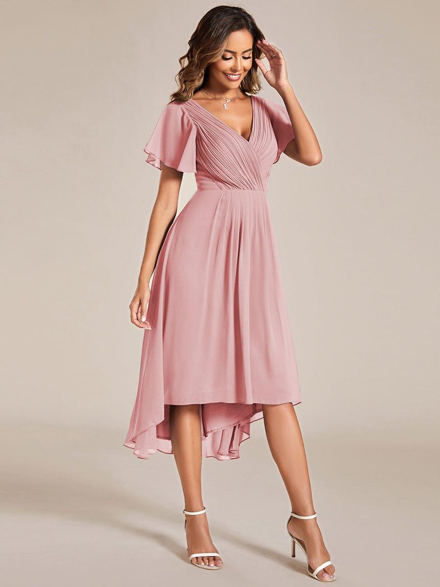 Chiffon hoch und tiefes Kleid für Hochzeitsgäste mit V-Ausschnitt und kurzen Ärmeln 128