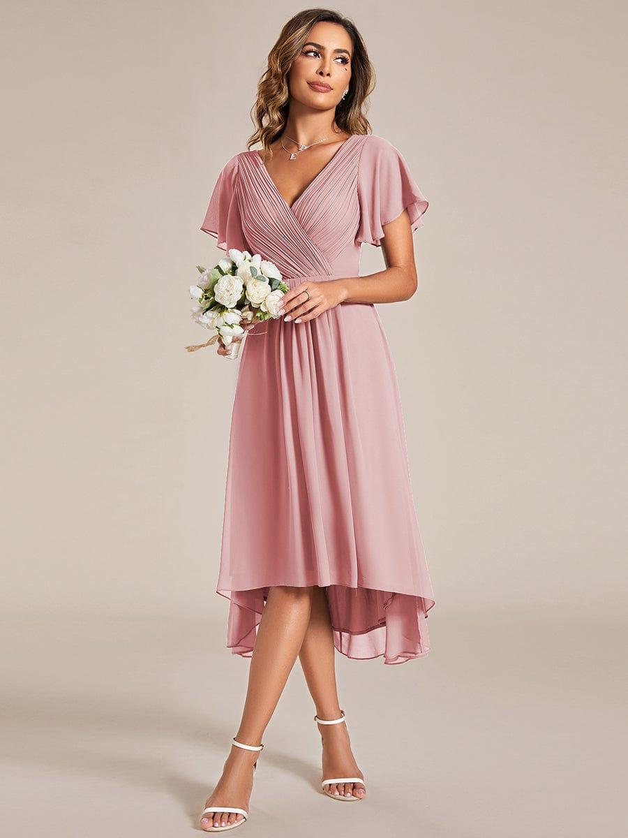 Chiffon hoch und tiefes Kleid für Hochzeitsgäste mit V-Ausschnitt und kurzen Ärmeln 126