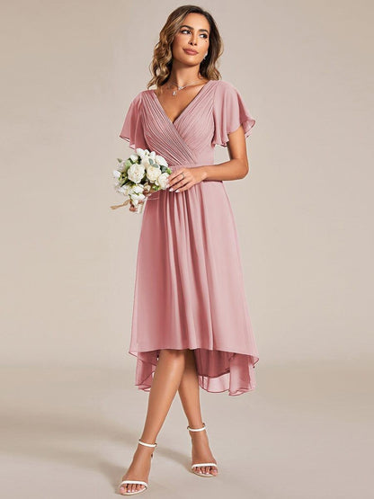 Chiffon hoch und tiefes Kleid für Hochzeitsgäste mit V-Ausschnitt und kurzen Ärmeln 126