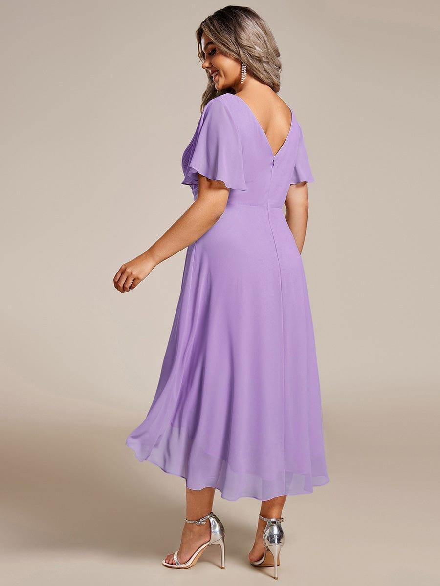 Chiffon hoch und tiefes Kleid für Hochzeitsgäste mit V-Ausschnitt und kurzen Ärmeln 106