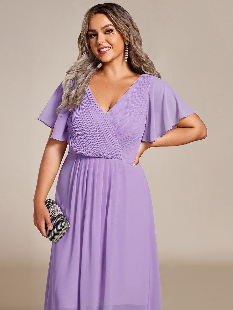 Chiffon hoch und tiefes Kleid für Hochzeitsgäste mit V-Ausschnitt und kurzen Ärmeln 107