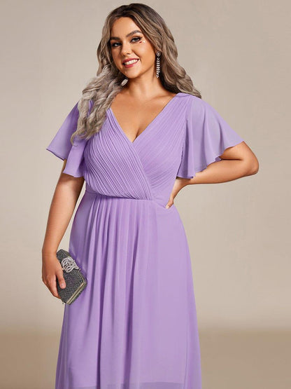 Chiffon hoch und tiefes Kleid für Hochzeitsgäste mit V-Ausschnitt und kurzen Ärmeln 107