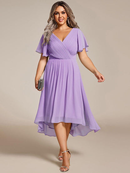 Chiffon hoch und tiefes Kleid für Hochzeitsgäste mit V-Ausschnitt und kurzen Ärmeln 105