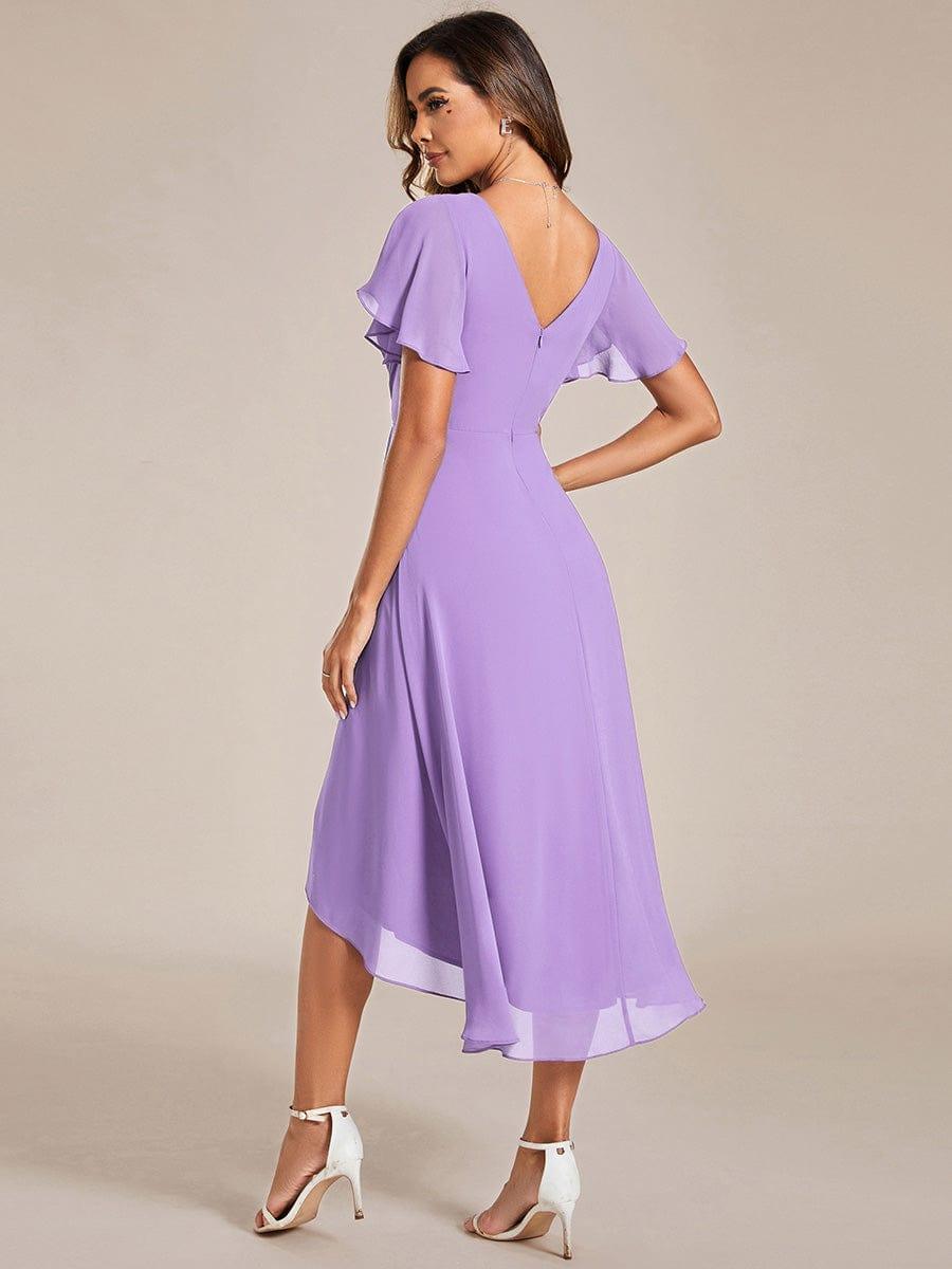 Chiffon hoch und tiefes Kleid für Hochzeitsgäste mit V-Ausschnitt und kurzen Ärmeln 101