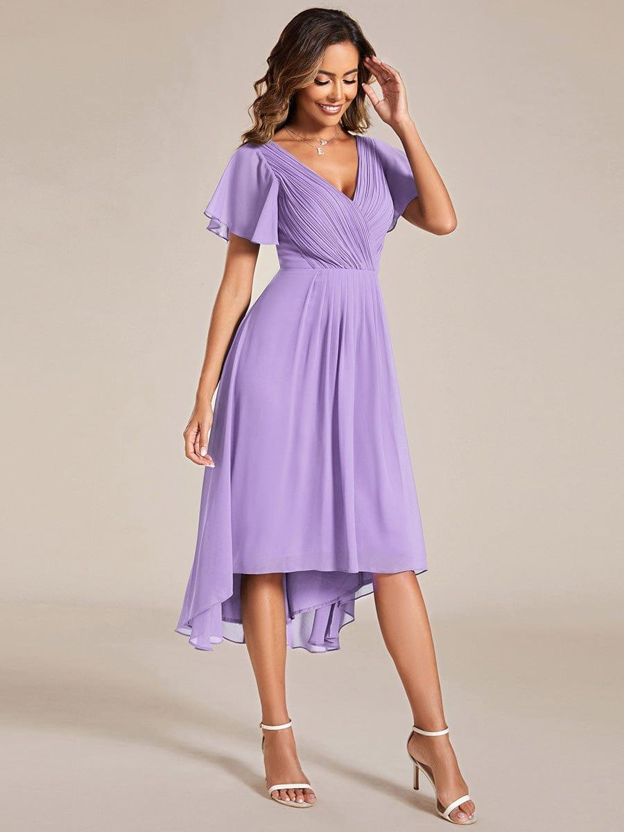 Chiffon hoch und tiefes Kleid für Hochzeitsgäste mit V-Ausschnitt und kurzen Ärmeln 104