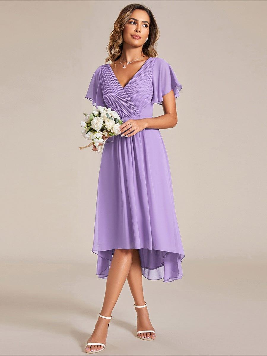 Chiffon hoch und tiefes Kleid für Hochzeitsgäste mit V-Ausschnitt und kurzen Ärmeln 102