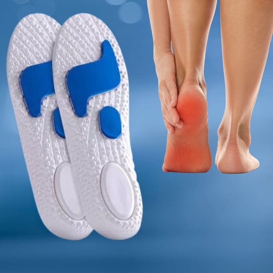 Orthopädische Einlegesohlen, weiß-blau, Fußschmerzen Linderung, Komfort, Dämpfung.