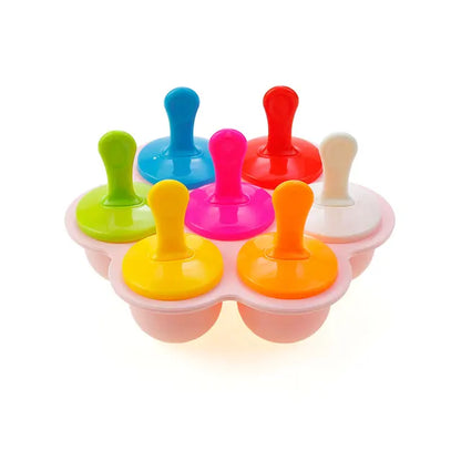 Bunte Eisformen aus Kunststoff, 7-teilig, mit Griffen, für selbstgemachtes Eis am Stiel.