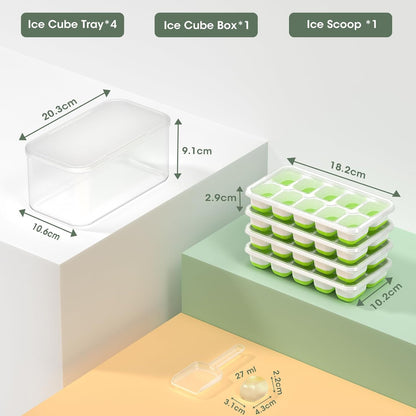 Transparente Eiswürfelform mit grünem Deckel, stapelbar, inklusive Eisschaufel, BPA-frei.