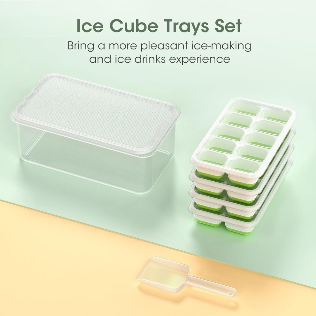 Eiswürfelform Set mit Deckel und Schaufel, grün-weiß, stapelbar, BPA-frei Kunststoff.