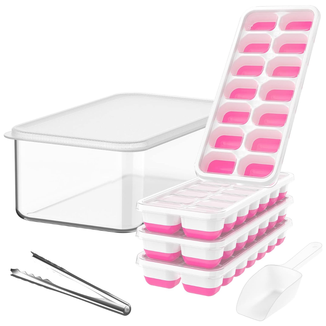 Transparente Eiswürfelform mit rosa Silikon, stapelbar, inklusive Zange und Schaufel.
