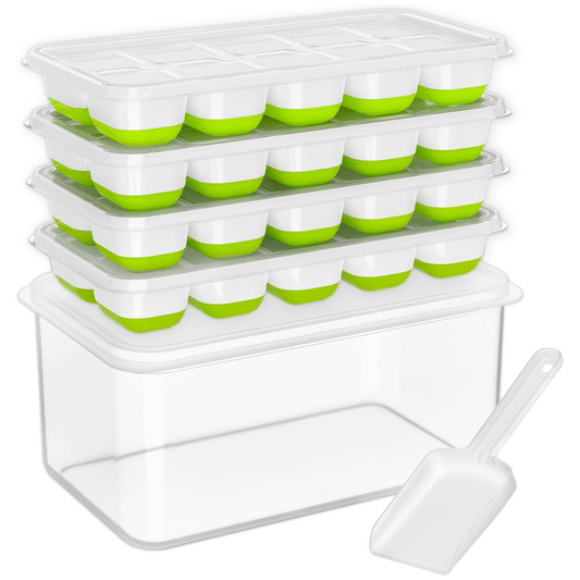 Stapelbare Eiswürfelform mit grünem Silikon, transparentem Deckel und Schaufel, BPA-frei.
