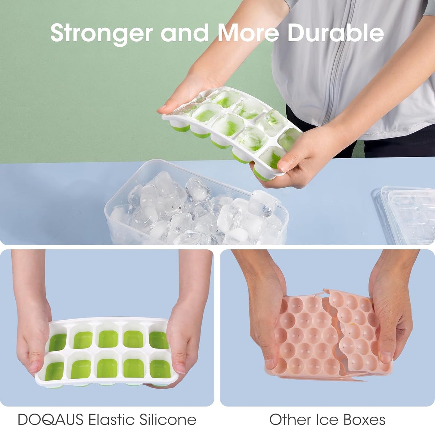 DOQAUS elastische Silikon-Eiswürfelform, grün, langlebig, flexibel, BPA-frei.