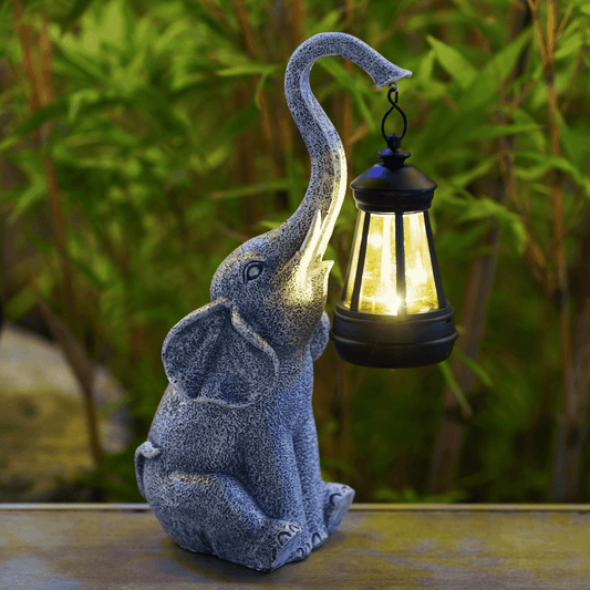 Sitzender Elefant mit Solarlaterne, Gartenfigur, wetterfest, LED-Licht, Dekoration, grau.