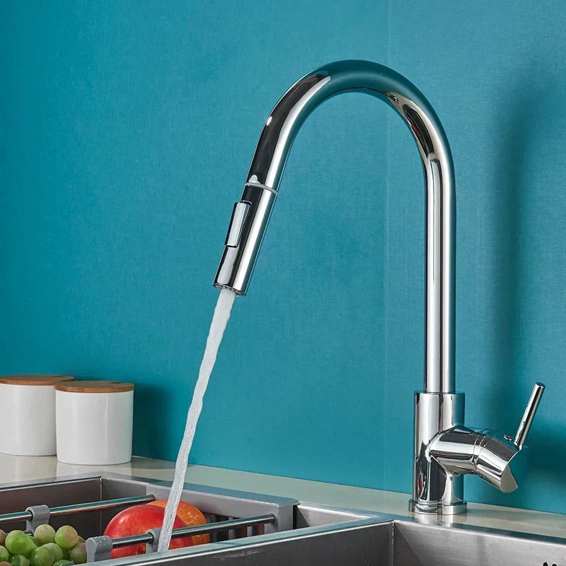 Verchromter Wasserhahn mit hohem Bogen vor türkisfarbener Wand, aus dessen ausziehbarem Auslauf Wasser auf Obst im Spülbecken fließt. 1