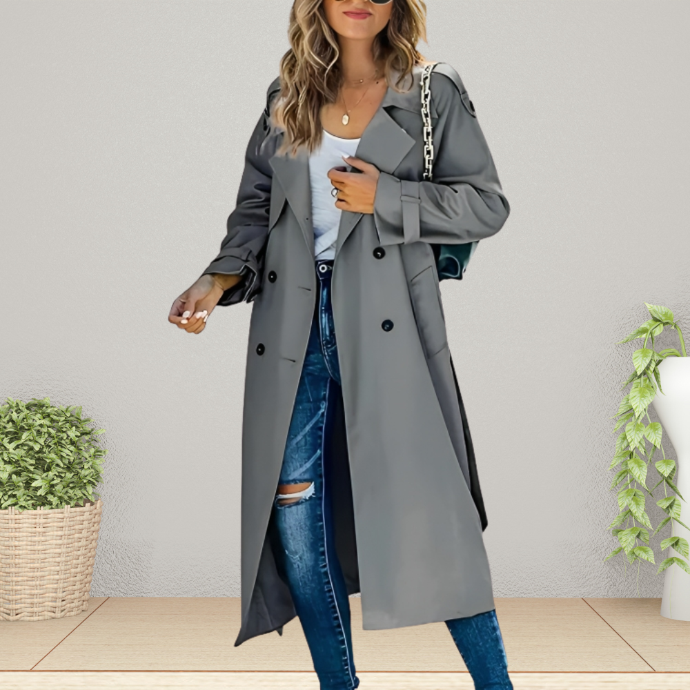 Damen Trenchcoat | Doppelte Knopfleiste | Mittellang | Einfarbig-Grau-S-Luzern Mode