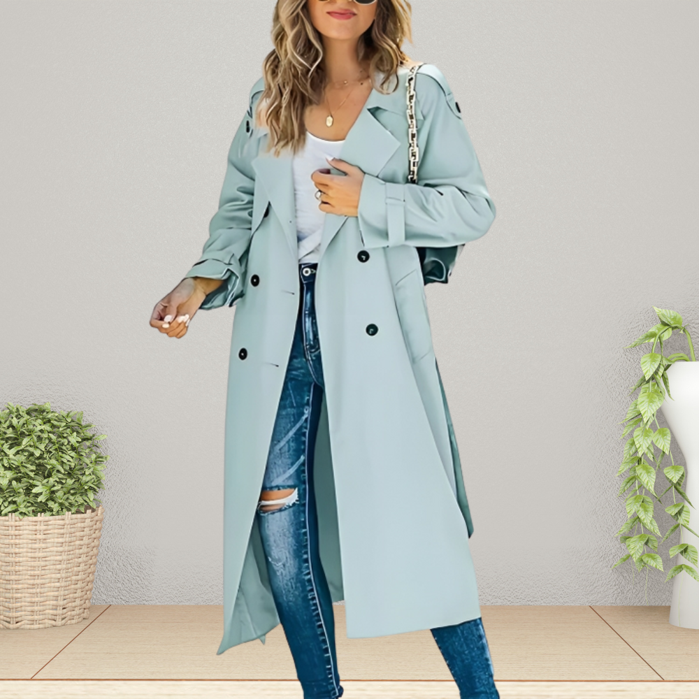 Damen Trenchcoat | Doppelte Knopfleiste | Mittellang | Einfarbig-Hellblau-S-Luzern Mode
