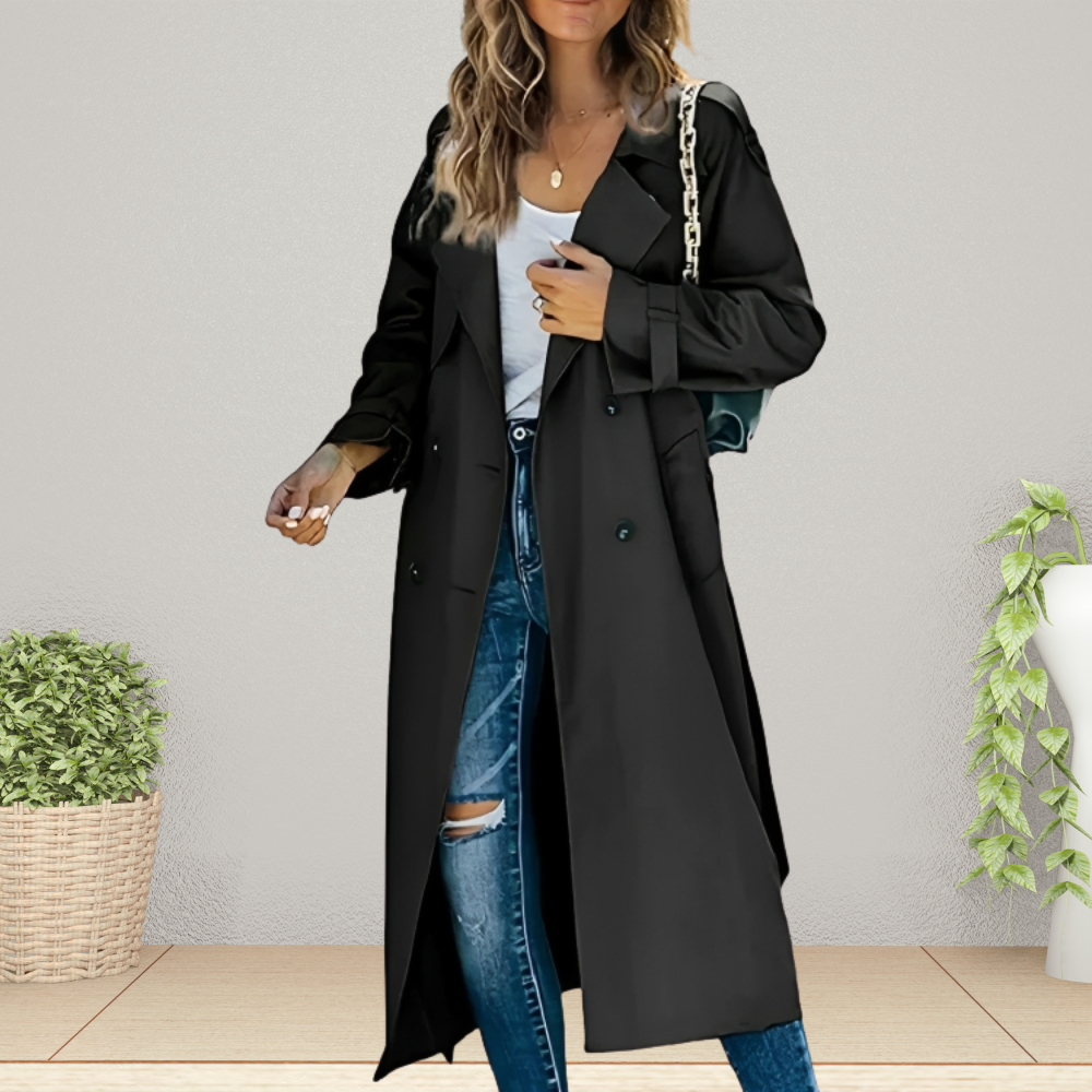 Damen Trenchcoat | Doppelte Knopfleiste | Mittellang | Einfarbig-Schwarz-S-Luzern Mode