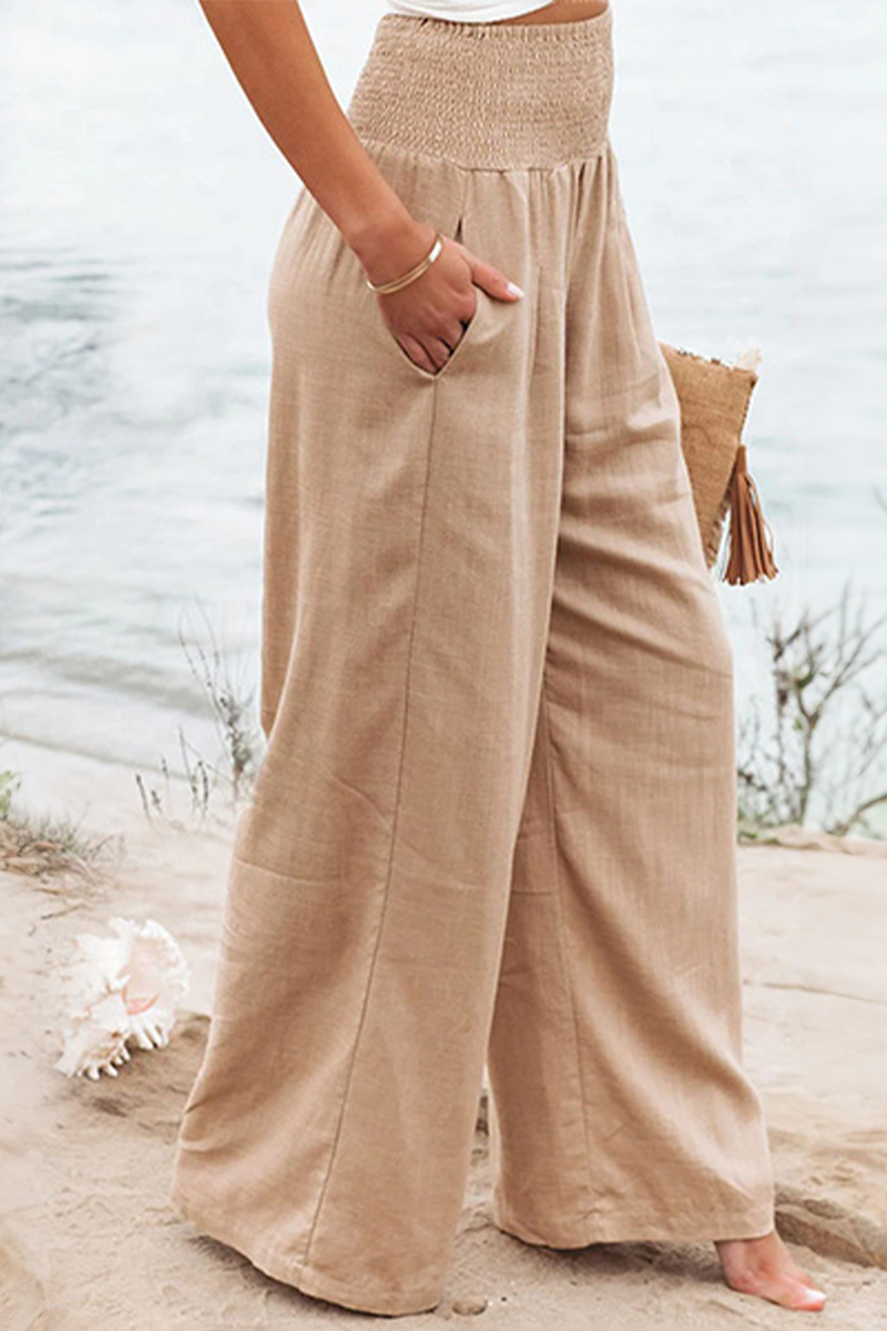 Damen Hose | Boho | Einfarbig | Hohe Taille | Locker | Elastisch-Beige-S-Luzern Mode