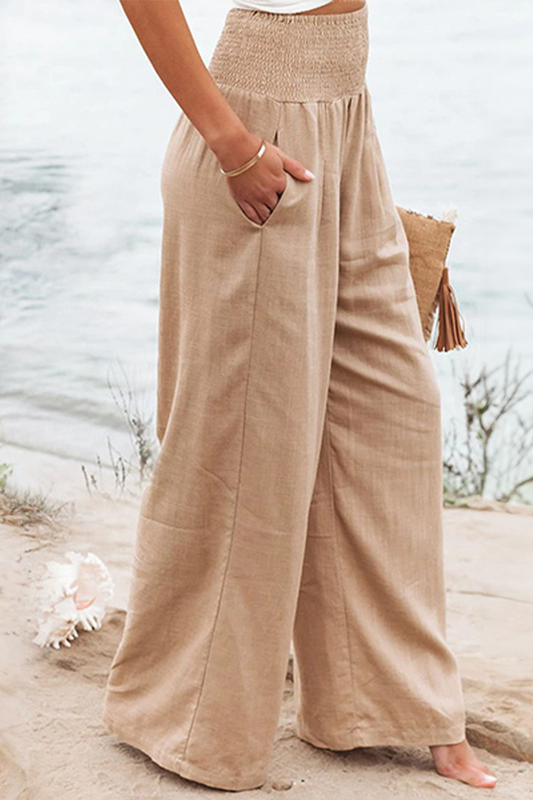Damen Hose | Boho | Einfarbig | Hohe Taille | Locker | Elastisch-Beige-S-Luzern Mode
