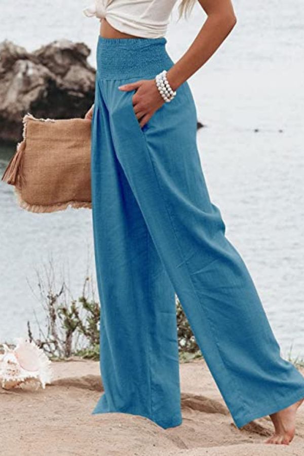 Damen Hose | Boho | Einfarbig | Hohe Taille | Locker | Elastisch-Blau-S-Luzern Mode