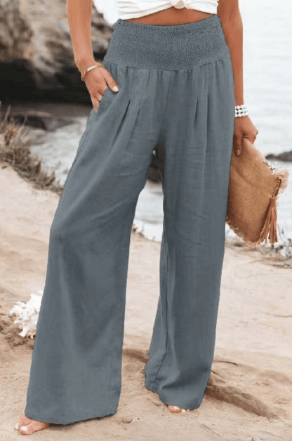 Damen Hose | Boho | Einfarbig | Hohe Taille | Locker | Elastisch-Grau-S-Luzern Mode