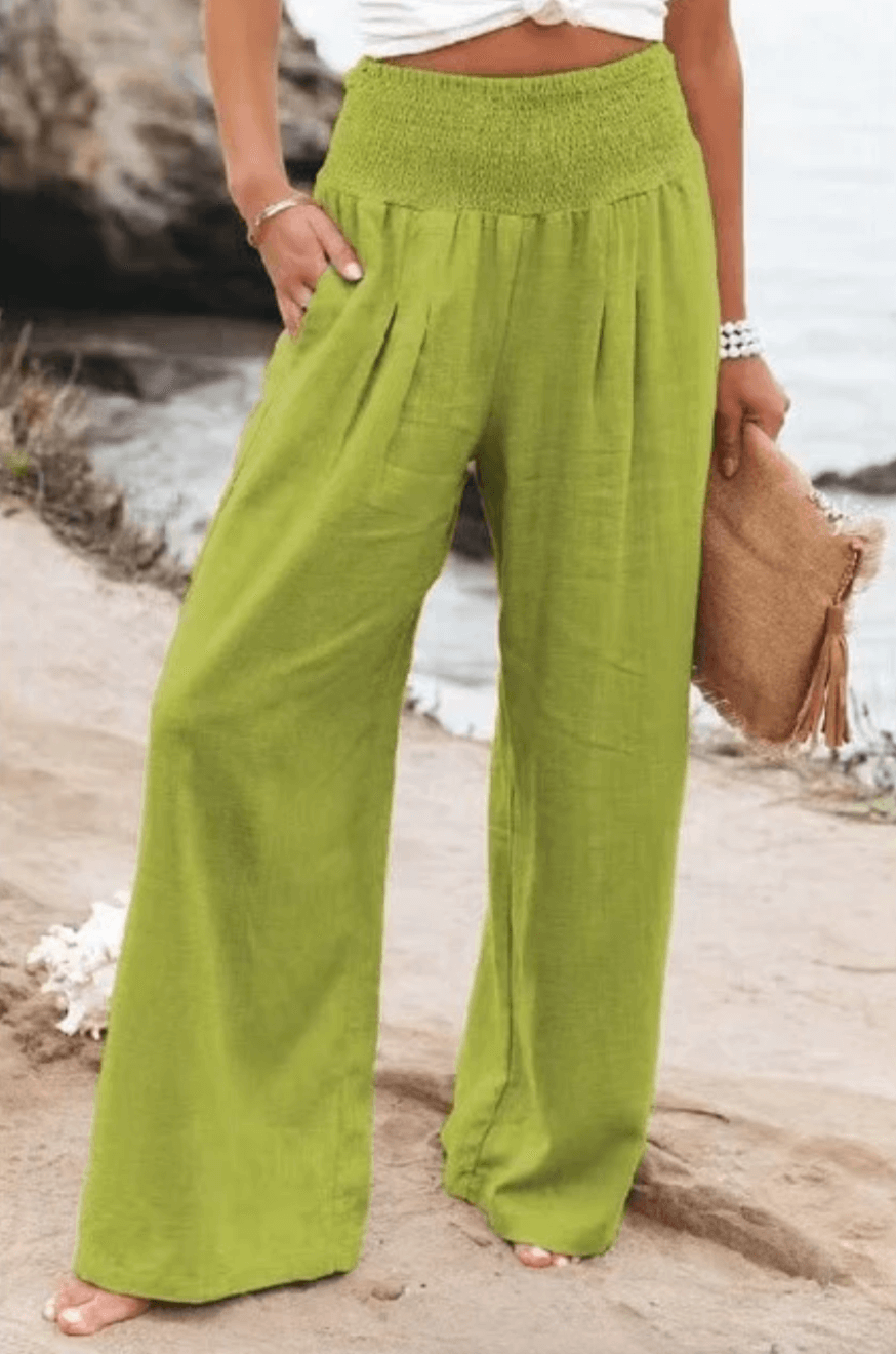Damen Hose | Boho | Einfarbig | Hohe Taille | Locker | Elastisch-Grün-S-Luzern Mode