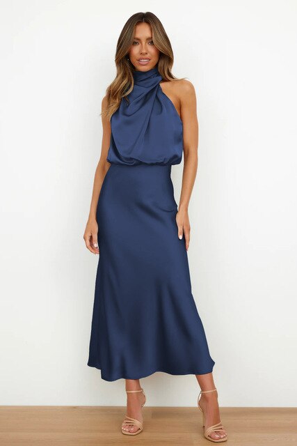 Elegantes, ärmelloses, blaues Abendkleid für Damen, lang, rückenfrei, Party, 2023.