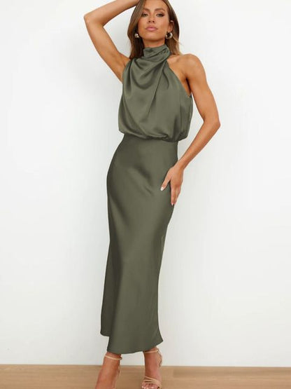 Ärmelloses, olivgrünes Abendkleid, lang, rückenfrei, elegantes Design, Damenmode 2023.