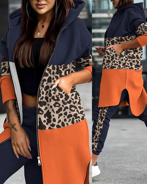 Zweiteiliges Damen-Outfit, Leopardenmuster, Colorblock, Hoodie, Herbstmode 2023.