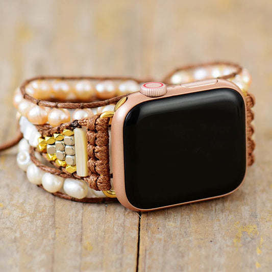 Elegantes Armband aus Süßwasserperlen für Apple Watch, vegan, Boho-Stil, Braun.