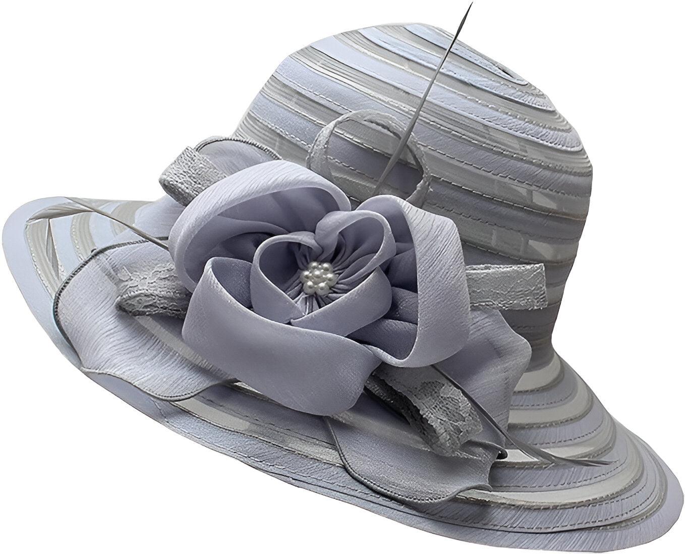 Damen Sonnenhut | Breite Krempe | Blumendetail | Einfarbig | Organza-Grau-Luzern Mode