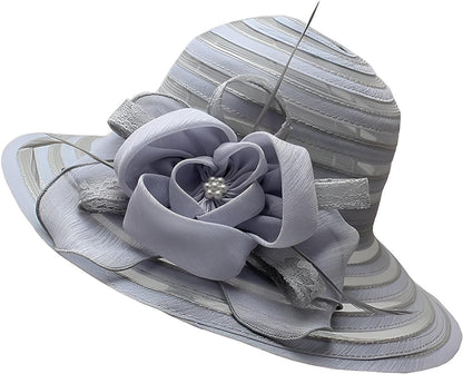 Damen Sonnenhut | Breite Krempe | Blumendetail | Einfarbig | Organza-Grau-Luzern Mode