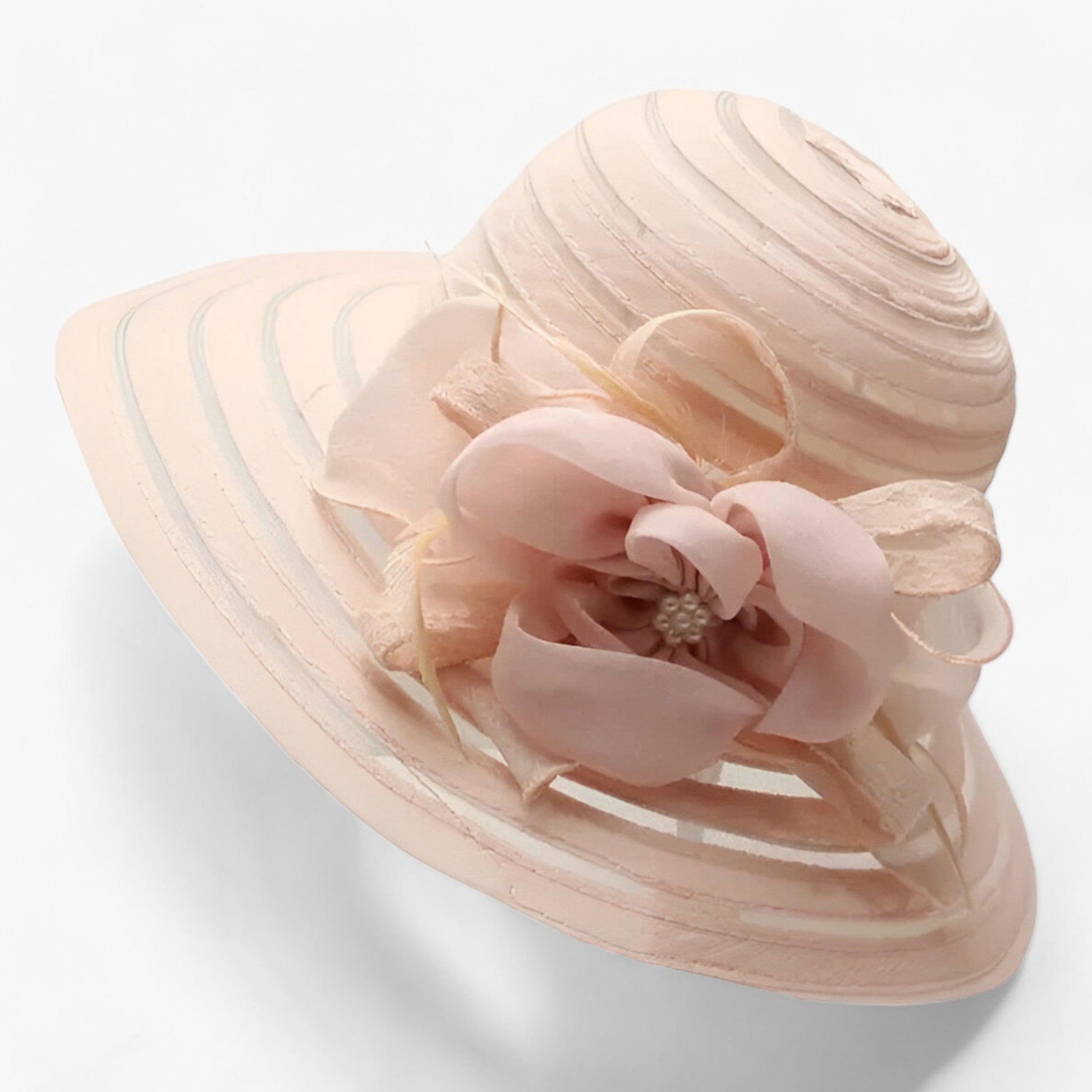 Damen Sonnenhut | Breite Krempe | Blumendetail | Einfarbig | Organza-Rosa-Luzern Mode