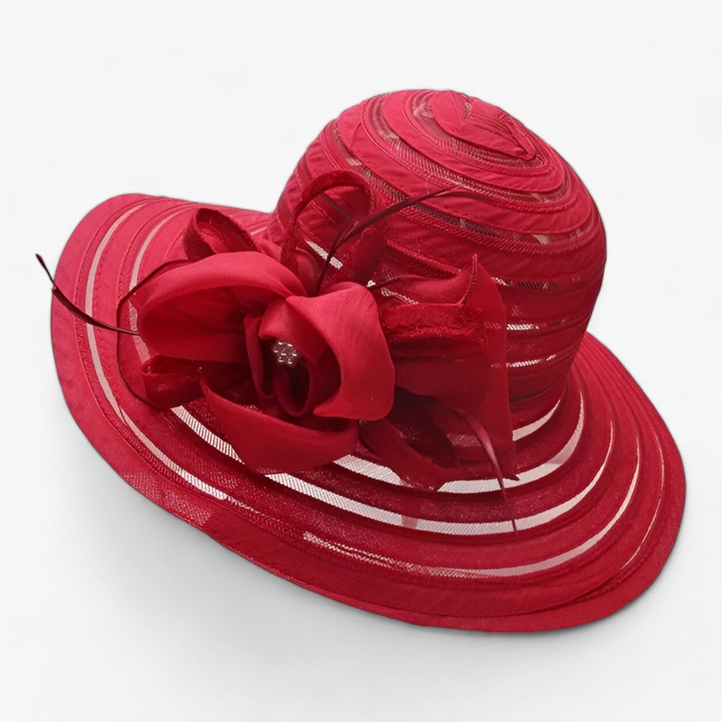 Damen Sonnenhut | Breite Krempe | Blumendetail | Einfarbig | Organza-Rot-Luzern Mode