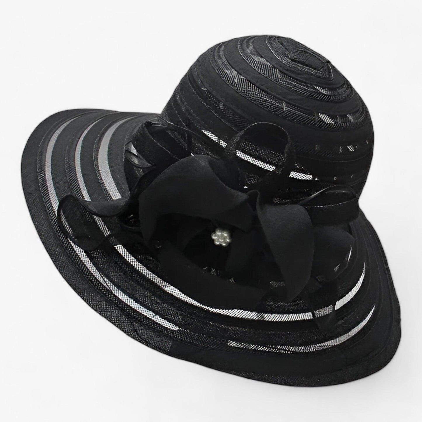 Damen Sonnenhut | Breite Krempe | Blumendetail | Einfarbig | Organza-Schwartz-Luzern Mode