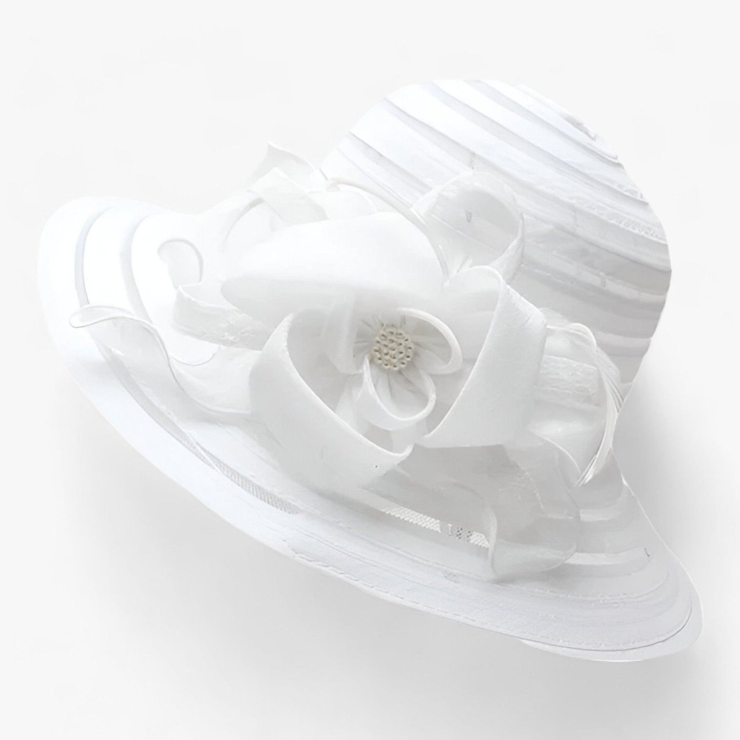 Damen Sonnenhut | Breite Krempe | Blumendetail | Einfarbig | Organza-Weiß-Luzern Mode