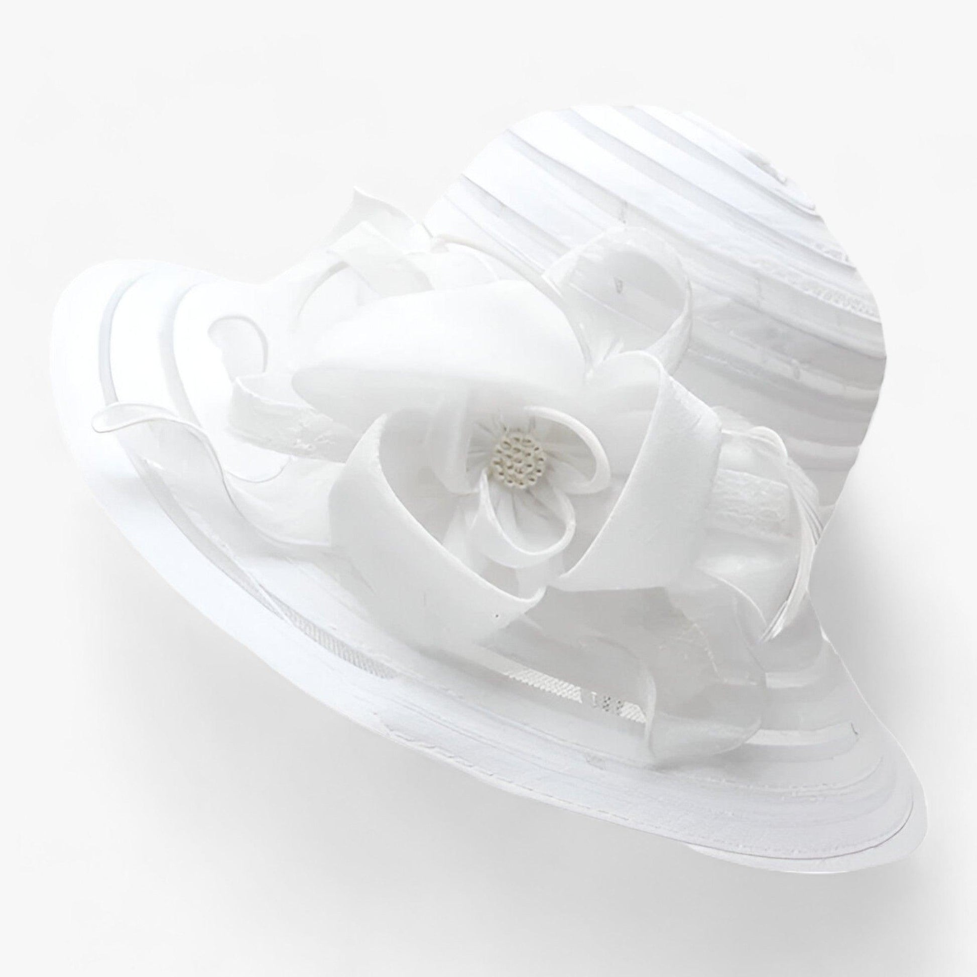 Damen Sonnenhut | Breite Krempe | Blumendetail | Einfarbig | Organza-Weiß-Luzern Mode