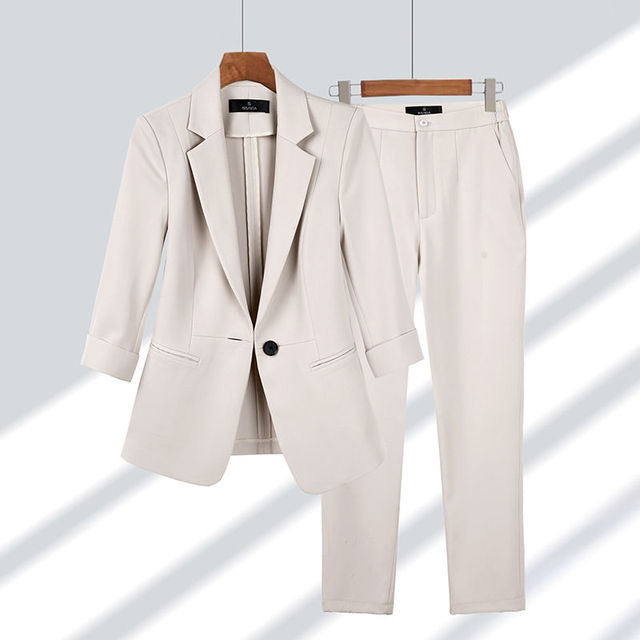 Damen Blazer Anzug Set, beige, elegant, 2-teilig, Frühling Sommer Mode, koreanischer Stil.