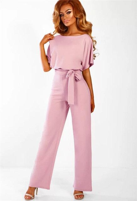 Damen Jumpsuit rosa, elegantes Design, Gürtel, Kurzarm, modische Damenbekleidung, Abendmode.