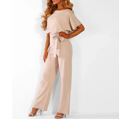 Eleganter Damen-Sommer-Jumpsuit, beige, Rundhals, weites Bein, Party-Overall, Bindegürtel.