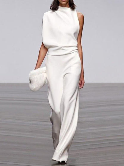Damen Jumpsuit Weiß, ärmellos, Rundhals, weite Beine, elegant, Sommermode, Büro-Look.