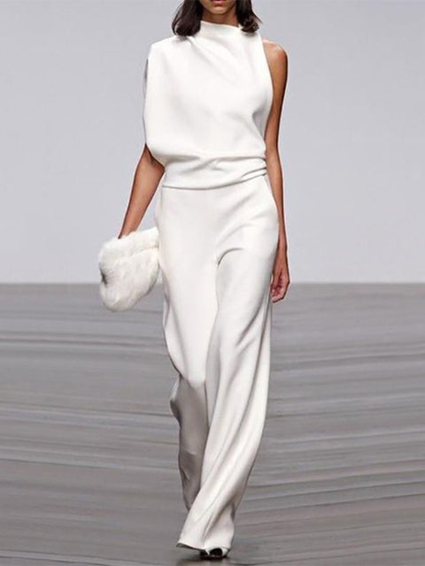 Damen Jumpsuit Weiß, ärmellos, Rundhals, weite Beine, elegant, Sommermode, Büro-Look.