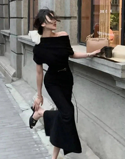 Maxikleid | Off-Shoulder | Figurbetont | Elastisch | Einfarbig | Weich-Luzern Mode