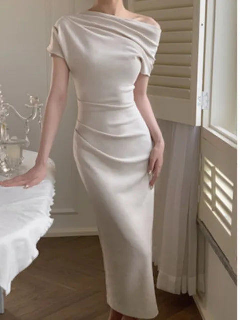 Maxikleid | Off-Shoulder | Figurbetont | Elastisch | Einfarbig | Weich-Beige-S-Luzern Mode