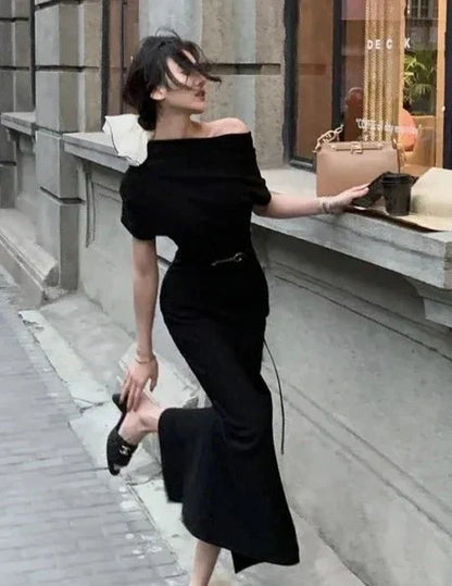 Maxikleid | Off-Shoulder | Figurbetont | Elastisch | Einfarbig | Weich-Schwarz-S-Luzern Mode