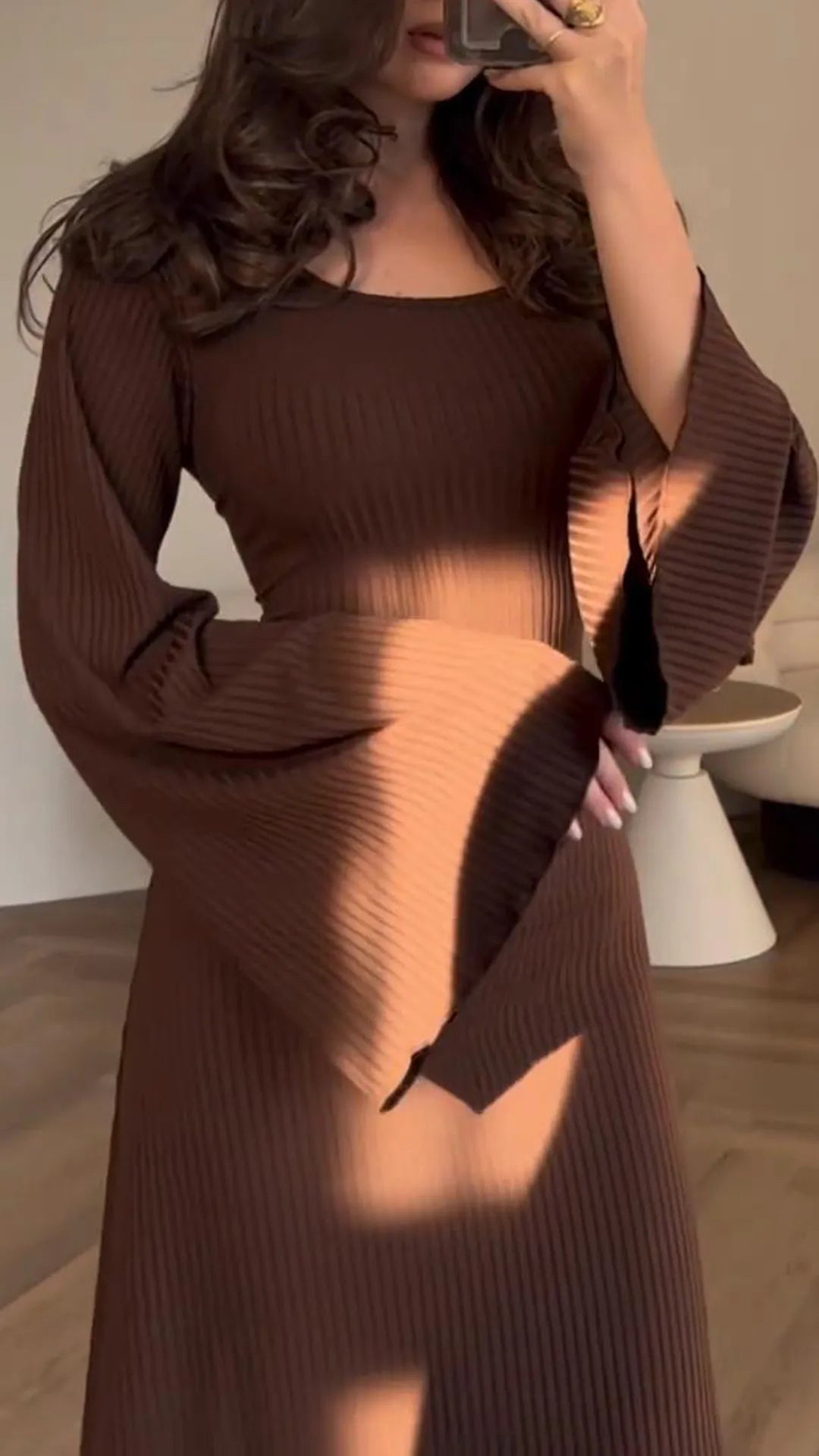 Maxikleid | Schnürung | Lange Ärmel | Einfarbig | Rundhals | Locker-Luzern Mode