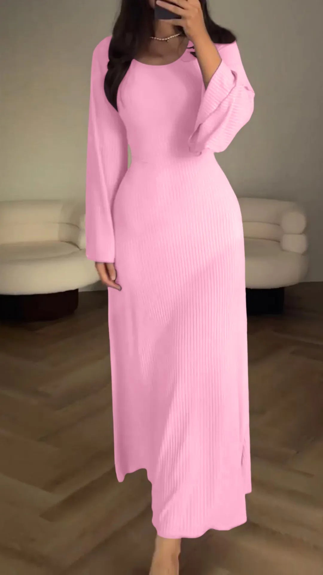 Maxikleid | Schnürung | Lange Ärmel | Einfarbig | Rundhals | Locker-Rosa-S-Luzern Mode